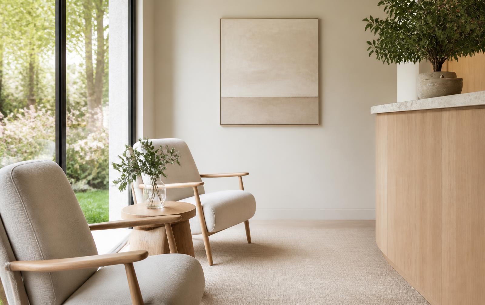 Lichte wachtruimte met houten meubels en planten